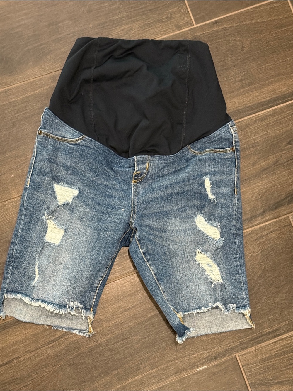Maternity Distressed Denim Bermuda Shorts Blue 2 Boho Chic Soft Grunge Comfy